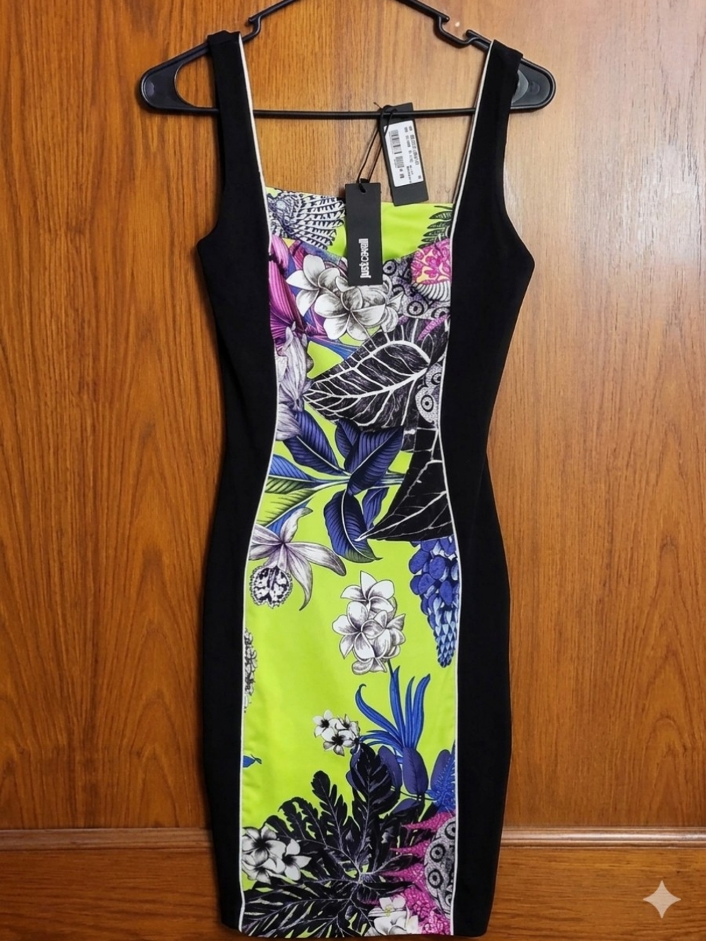 Just Cavalli Neon Green Floral Panel Black Bodycon Dress